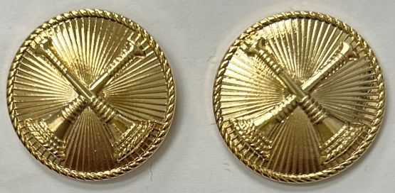 CROSSED BUGLES BATTALION CHIEF 15/16" GOLD DISC COLLAR PINS - SOLD IN PAIRS.