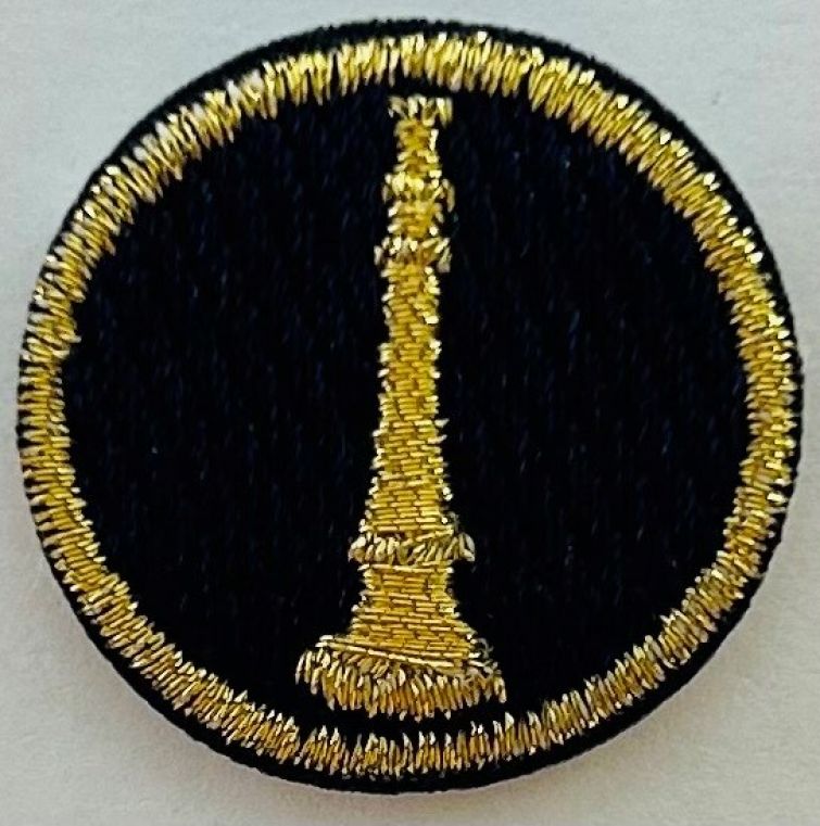 FIRE FIGHTER BUGLE, 1" CIRCLE - METALLIC GOLD ON MIDNIGHT NAVY - SEW ON.