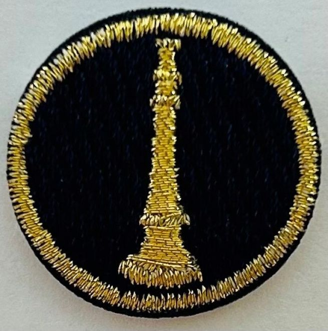 FIRE FIGHTER BUGLE, 1" CIRCLE - METALLIC GOLD ON MIDNIGHT NAVY - SEW ON.