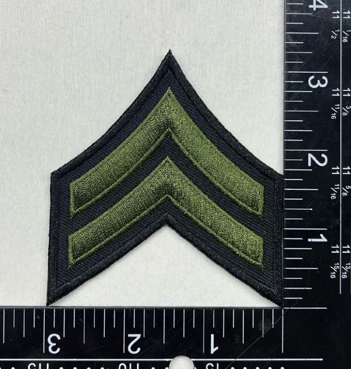 CORPORAL CHEVRONS OD GREEN ON BLACK with BLACK TRIM, SOLD IN PAIRS - SEW ON.