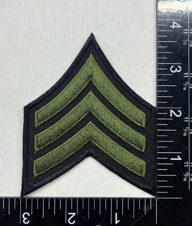 SERGEANT CHEVRONS OD GREEN ON BLACK with BLACK TRIM, SOLD IN PAIRS - SEW ON.