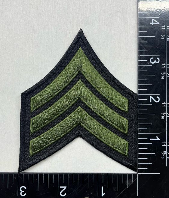 SERGEANT CHEVRONS OD GREEN ON BLACK with BLACK TRIM, SOLD IN PAIRS - SEW ON.