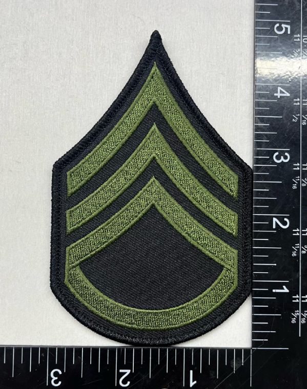 STAFF SERGEANT CHEVRONS OD GREEN ON BLACK with BLACK TRIM, SOLD IN PAIRS - SEW ON.
