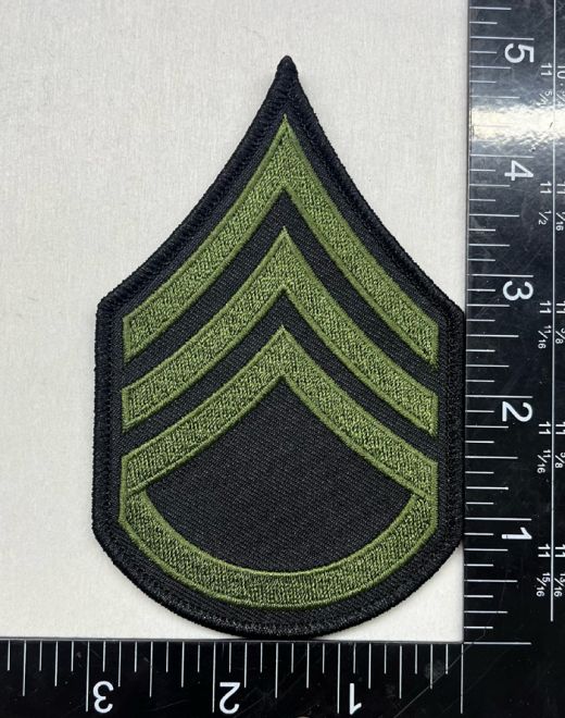 STAFF SERGEANT CHEVRONS OD GREEN ON BLACK with BLACK TRIM, SOLD IN PAIRS - SEW ON.